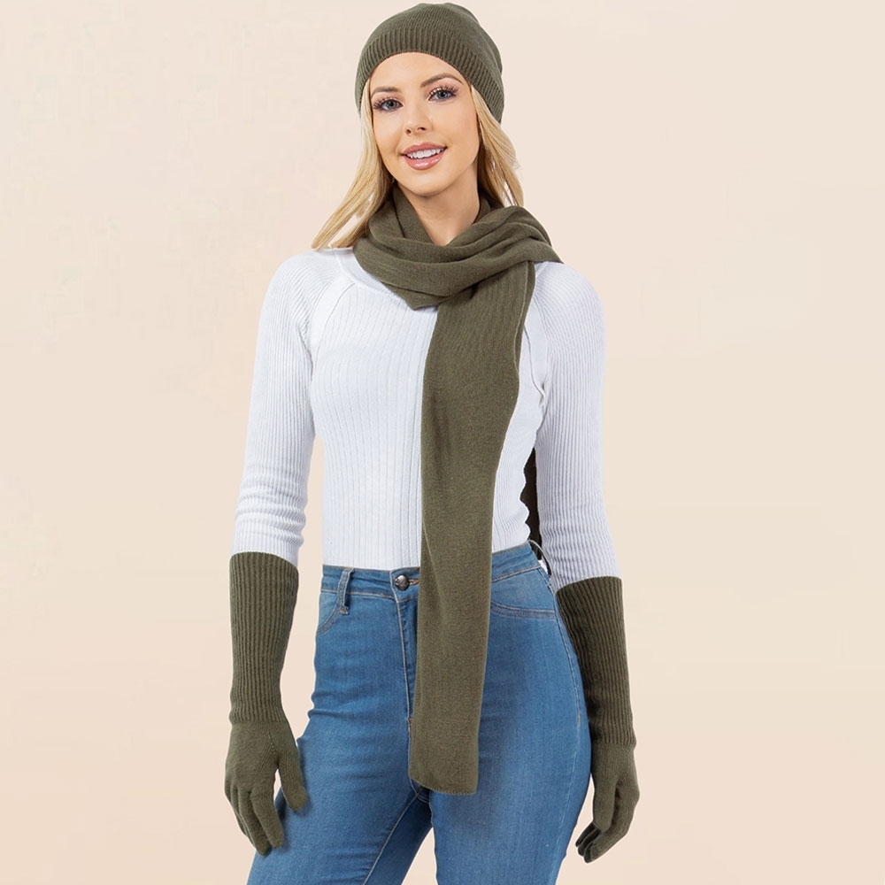 Olive Green Knit Gloves Beanie Hat and Scarf Set Winter Fashion Accessory 3PCS